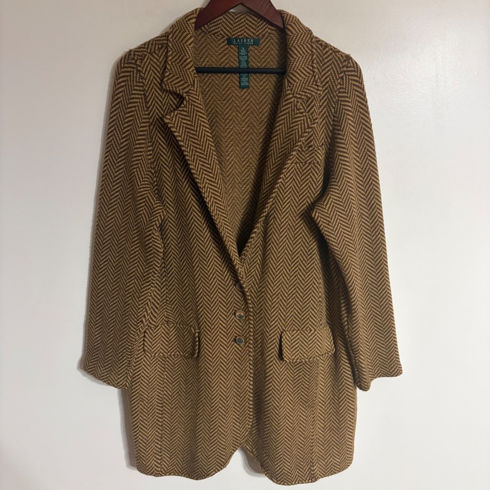 Lauren Ralph Lauren Herringbone Knit Blazer Cardigan Brown Wool Cashmere 1X
